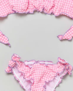 Bikini Emy a fascia in seersucker a fantasia vichy rosa e bianca con profili lilla