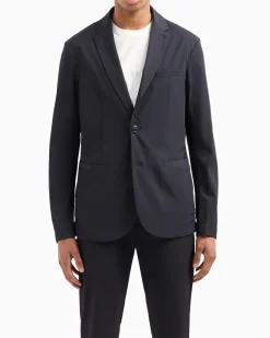 Blazer Armani Exchange blu in twill bi-stretch con rever classico e chiusura monopetto