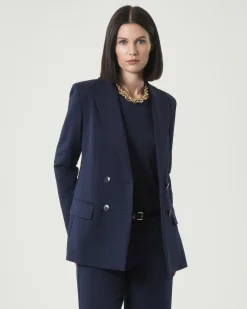 Blazer blu doppiopetto Emme Marella in tessuto diagonale stretch con scollo a rever