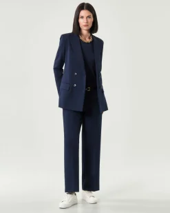 Blazer blu doppiopetto Emme Marella in tessuto diagonale stretch con scollo a rever