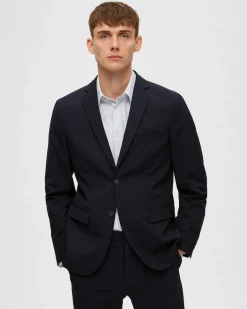 Blazer blu in tela di misto viscosa stretch con chiusura monopetto