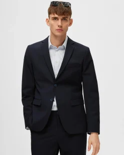Blazer blu in tela di misto viscosa stretch con chiusura monopetto