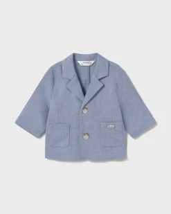 Blazer color avio in cotone e lino micro fantasia con rever classico