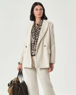 Blazer doppiopetto color panna Emme Marella in velluto a righe con scollo a rever