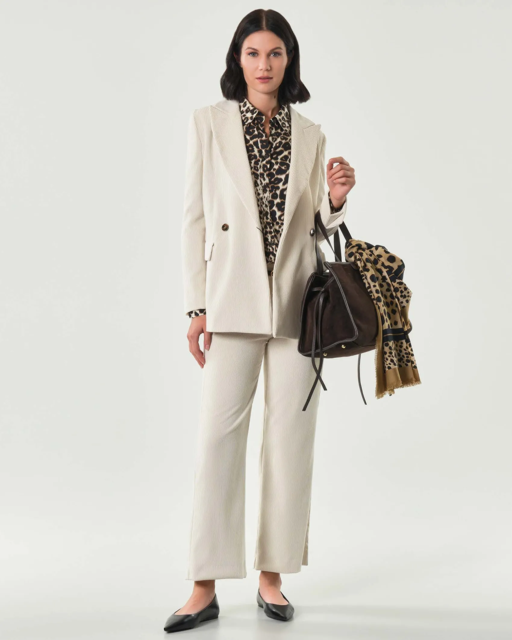 Blazer doppiopetto color panna Emme Marella in velluto a righe con scollo a rever