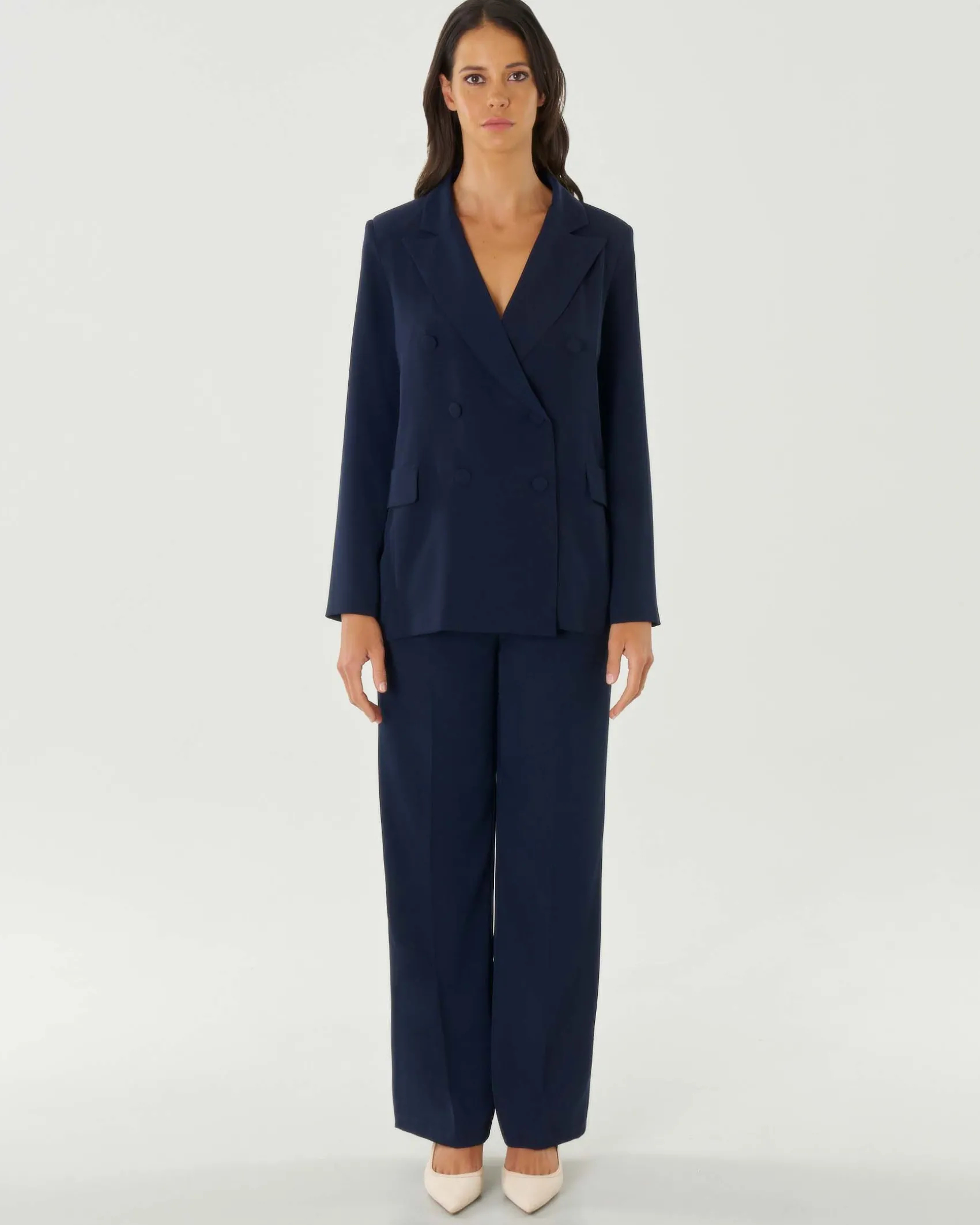 Blazer doppiopetto color blu in crêpe con revers a lancia