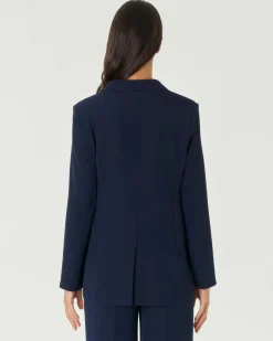 Blazer doppiopetto color blu in crêpe con revers a lancia