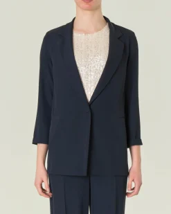 Blazer monopetto blu in crêpe con maniche a tre quarti