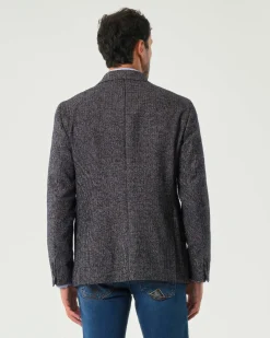 Blazer monopetto Manuel Ritz blu e marrone slim-fit in bouclé di misto cotone e lana bicolore con tasche a toppa