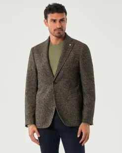 Blazer monopetto Manuel Ritz nero e marrone slim-fit in bouclé di misto cotone e lana bicolore con tasche a toppa