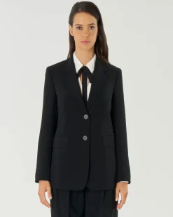 Blazer nero a due bottoni in cady con scollo a rever e tasche con patta