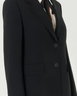 Blazer nero a due bottoni in cady con scollo a rever e tasche con patta