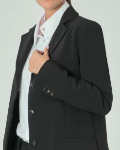 Blazer nero a tre bottoin in tessuto tecnico opaco con scollo a rever