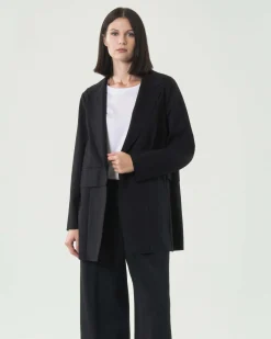 Blazer nero a un bottone JurerĂȘ in misto viscosa punto Milano con scollo a rever e motivo a pannello in vita
