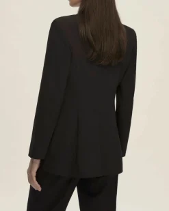 Blazer nero Emme Marella in misto viscosa stretch con spilla a fiore e dettagli in satin