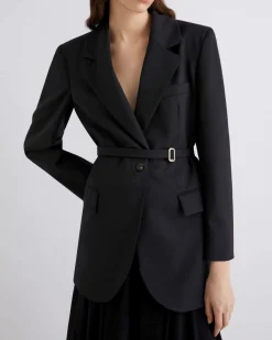 Blazer nero lungo Marella in saglia di misto lana con cintura in vita e scollo a rever