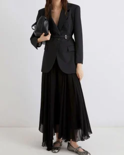 Blazer nero lungo Marella in saglia di misto lana con cintura in vita e scollo a rever