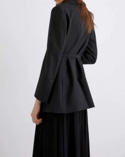 Blazer nero lungo Marella in saglia di misto lana con cintura in vita e scollo a rever