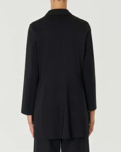 Blazer nero midi in tricotina di misto viscosa con fondo asimmetrico stondato