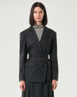 Blazer over grigio antracite Emme Marella in misto viscosa con cintura in vita di chiusura