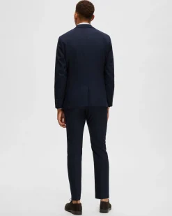 Blazer Selected Homme blu navy in tessuto armaturato di misto lana stretch con chiusura monopetto