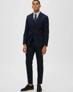 Blazer Selected Homme blu navy in tessuto armaturato di misto lana stretch con chiusura monopetto