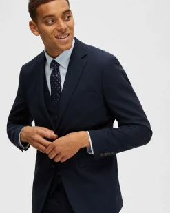 Blazer Selected Homme blu navy in tessuto armaturato di misto lana stretch con chiusura monopetto