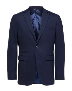 Blazer Selected Homme blu navy in tessuto armaturato di misto lana stretch con chiusura monopetto