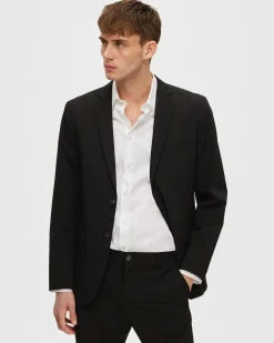 Blazer Selected Homme nero in tela di misto viscosa stretch con chiusura monopetto