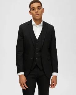 Blazer Selected Homme nero in tessuto armaturato di misto lana stretch con chiusura monopetto