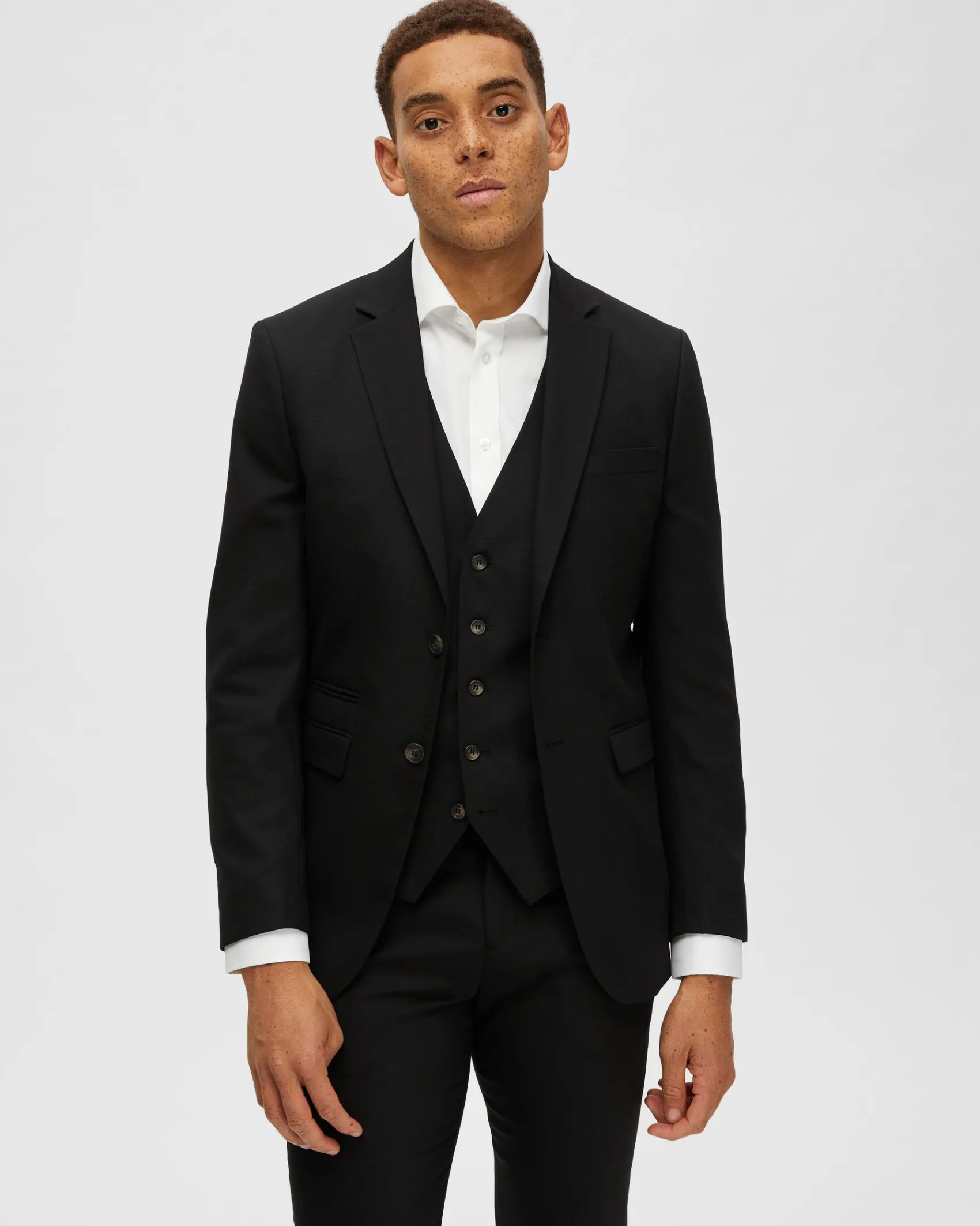 Blazer Selected Homme nero in tessuto armaturato di misto lana stretch con chiusura monopetto