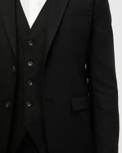 Blazer Selected Homme nero in tessuto armaturato di misto lana stretch con chiusura monopetto