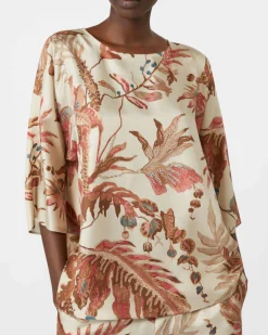 Blusa beige Weekend Max Mara in raso di seta fantasia foliage rosa con maniche tre quarti
