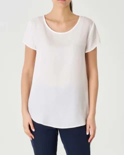 Blusa bianca girocollo a maniche corte con orlo stondato