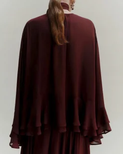 Blusa bordeaux Marella in georgette di viscosa con maniche ampie a balze e scollo a V