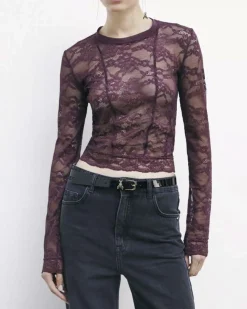 Blusa bordeaux Patrizia Pepe in pizzo elasticizzato con maniche lunghe e orli smeralti