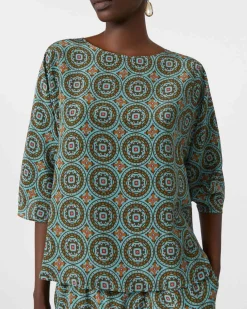 Blusa color acqua Weekend Max Mara a fantasia marrone con fiocchi sulle maniche tre quarti