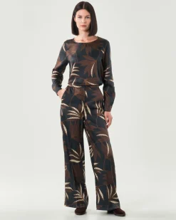 Blusa girocollo blu Emme Marella a fantasia ramage marrone in twill