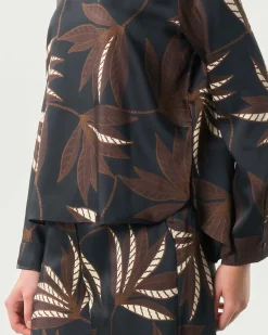 Blusa girocollo blu Emme Marella a fantasia ramage marrone in twill