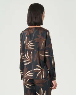 Blusa girocollo blu Emme Marella a fantasia ramage marrone in twill