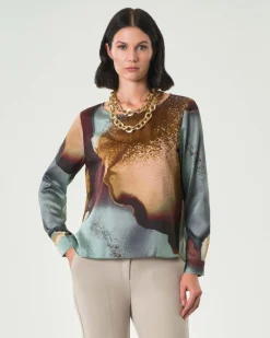 Blusa girocollo blu Emme Marella a fantasia azzurra e marrone