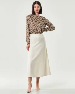 Blusa girocollo Emme Marella marrone a fantasia geometri avorio in twill