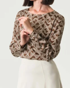 Blusa girocollo Emme Marella marrone a fantasia geometri avorio in twill