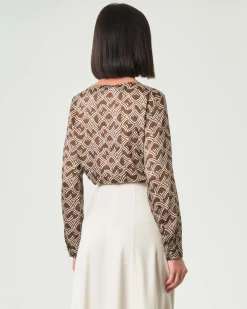 Blusa girocollo Emme Marella marrone a fantasia geometri avorio in twill