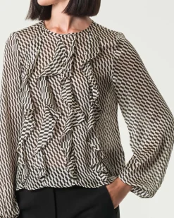 Blusa in chiffon Emme Marella a fantasia optical nera e bianca con rouches applicate sul davanti