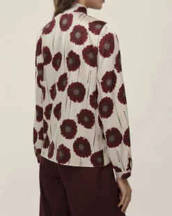 Blusa in twill avorio Emme Marella a fantasia fiori bordeaux con fusciacca al collo
