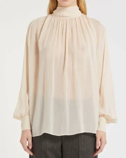 Blusa Marella rosa cipria in georgette di viscosa con collo alto e fiocco sul retro e maniche lunghe a sbuffo