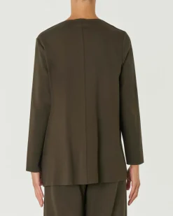 Blusa verde militare in tricotina di misto viscosa con scollo asimmetrico e motivo a taglio a vivo con spacchi laterali