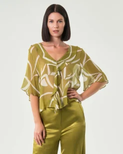 Blusa verde oliva e avorio a fantasia Emme Marella in georgette di viscosa con maniche a volant