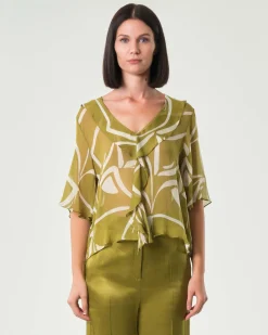 Blusa verde oliva e avorio a fantasia Emme Marella in georgette di viscosa con maniche a volant